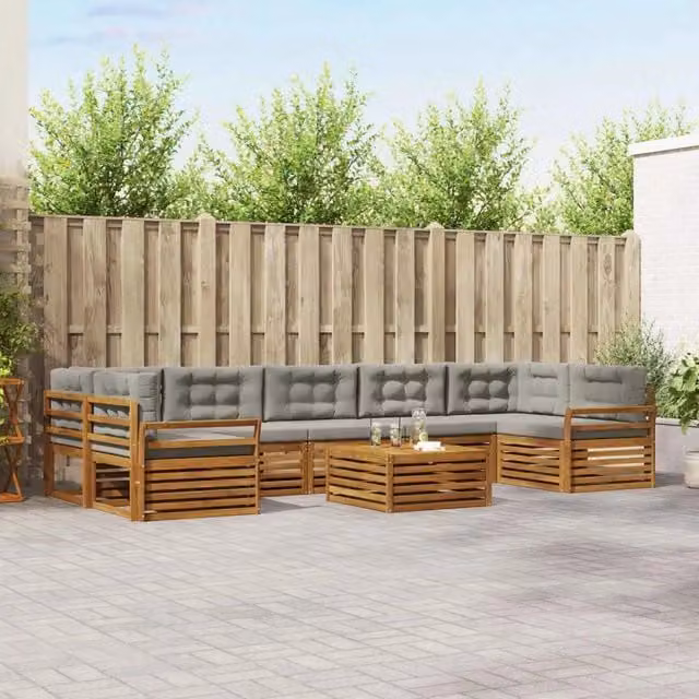 Set di divani da esterno a L vidaXL in legno di acacia con cuscini grigi e tavolino da giardino – 1