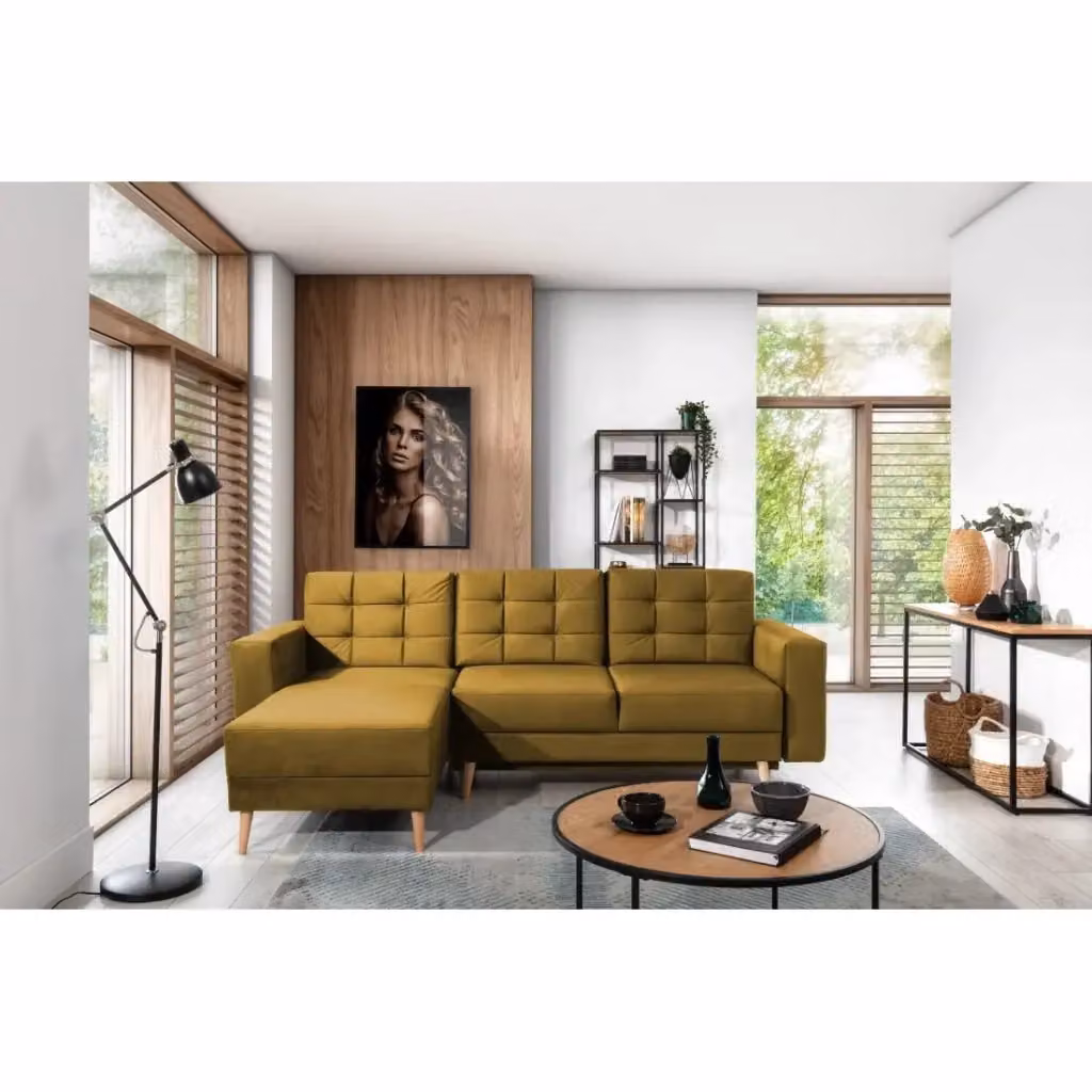 Divano ad angolo convertibile HASGARD giallo con funzione letto e vano contenitore, stile scandinavo, L/P/H: 248 x 162 x 93 cm – 2