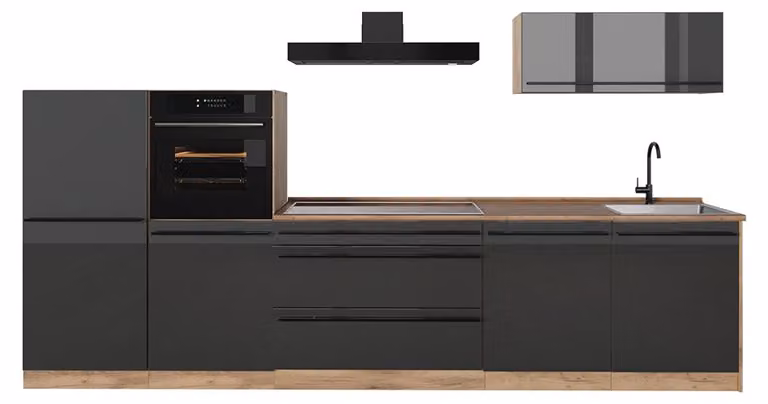 Cucina componibile Vicco R-Line Antracite lucido/Rovere dorato 340 cm piano di lavoro Rovere dorato, Model 66526