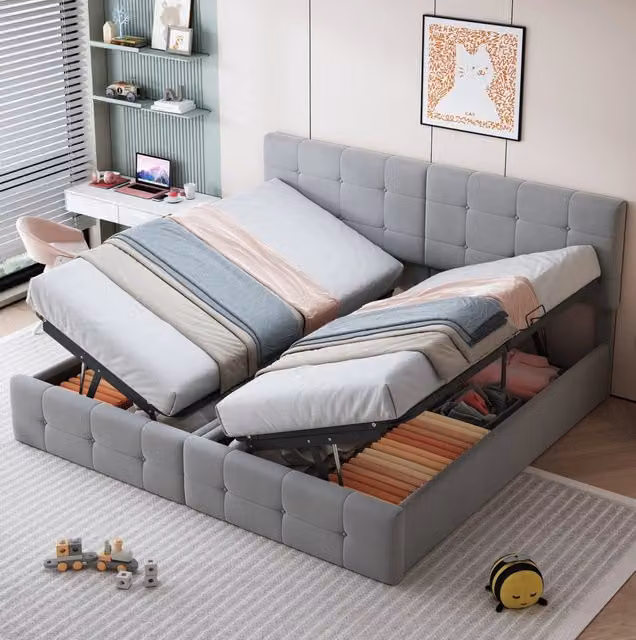 Letto imbottito 180x200 cm con contenitore idraulico; convertibile in due letti 90x200 cm; grigio