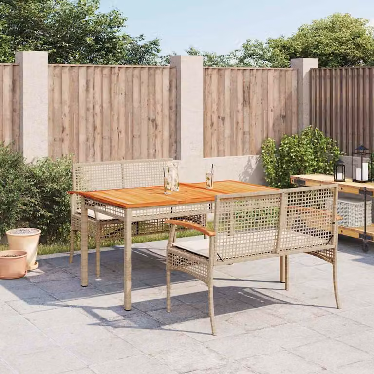 Set da Pranzo da Giardino 3 pz vidaXL in Polyrattan e Legno di Acacia con Cuscini Beige e Bianco