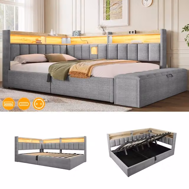 Letto contenitore 140x200 in velluto grigio con luce LED RGB e USB