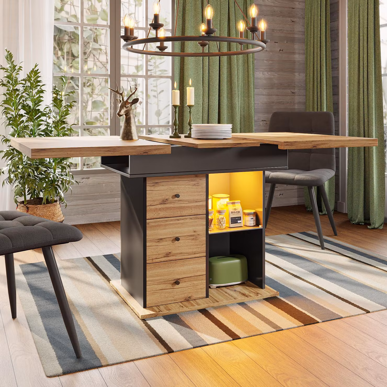 Tavolo da pranzo Flieks allungabile, tavolo da sala da pranzo con vano portaoggetti e LED, mobile con cassetti, tavolo telescopico 110-140x80x75 cm, colore legno e nero