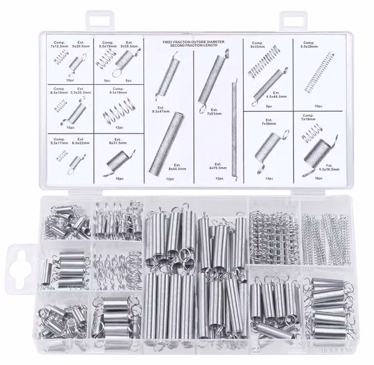 Set di molle assortite Feder-Sortiment, 200 pezzi – molle a trazione, a compressione e a torsione, in acciaio inossidabile