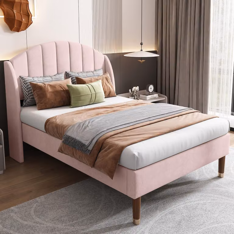 Letto imbottito MODFU 90x200 cm, letto singolo per ragazzi in legno massello con rivestimento in velluto (senza materasso), rosa