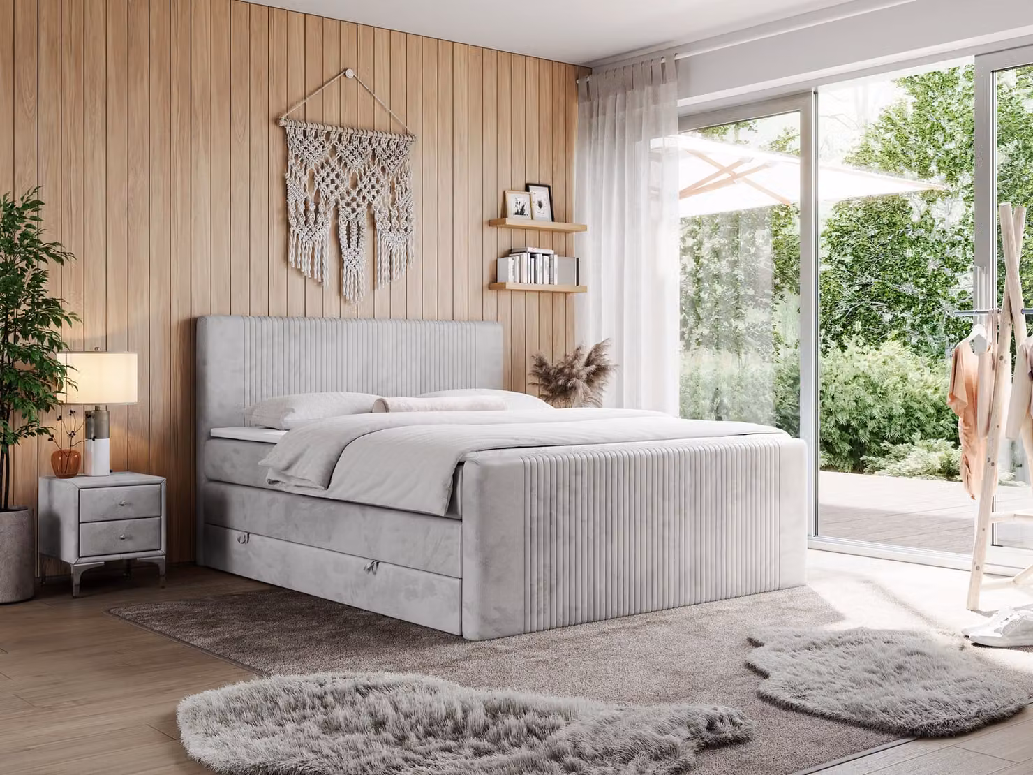 Letto boxspring, letto matrimoniale con materasso a tasche multiple e due contenitori - KING DOREN - 160x200 cm - Grigio chiaro - H4