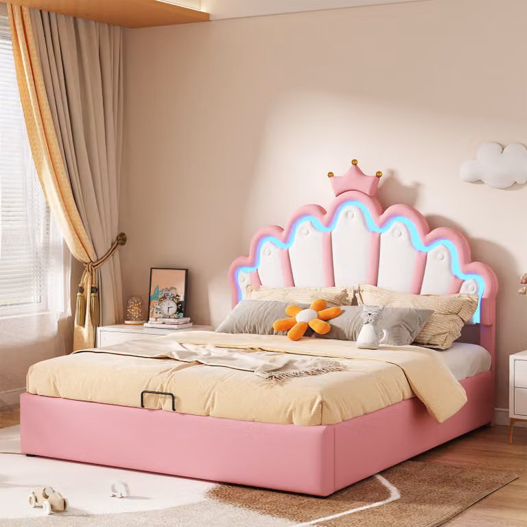 Letto imbottito STILVORA 140x200cm letto idraulico per bambini letto per ragazzi con rete e testata a , illuminazione ambiente regolabile, rosa (senza materasso)