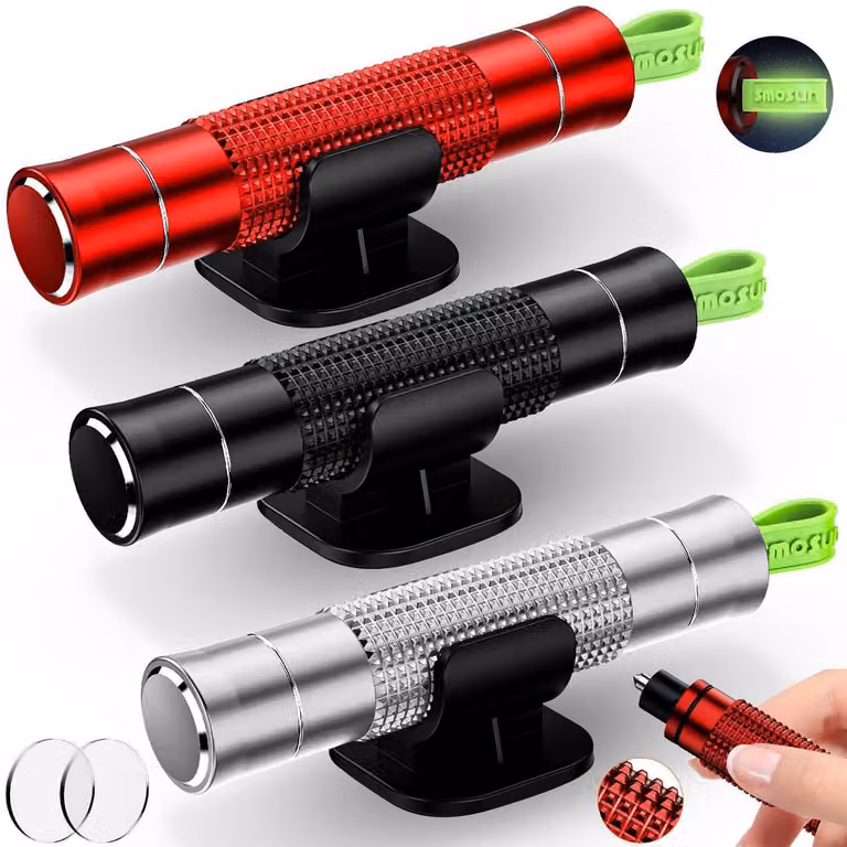 Martello di emergenza 2-in-1 con tagliacinture, frantumatore per finestre e vetri auto, confezione da 3 pezzi, colore: rosso, nero, argento