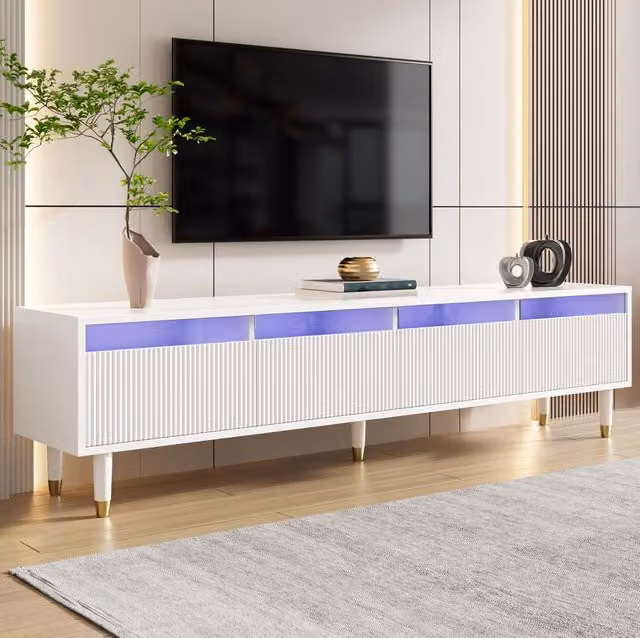 Mobile TV ULEVR 178x35x45 cm bianco con 4 cassetti in MDF e acrilico, passacavi posteriori