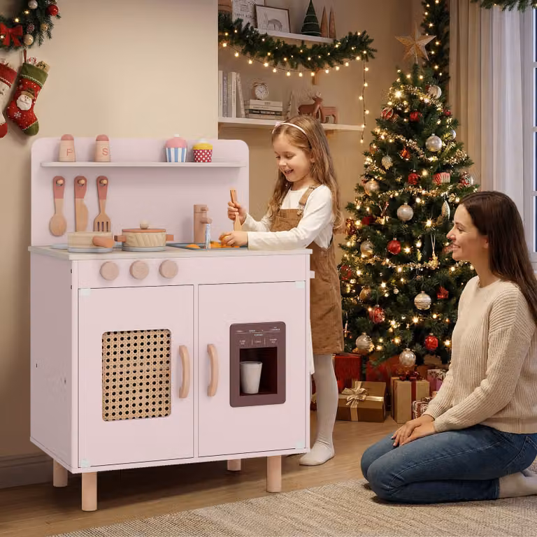 Cucina giocattolo in legno Costway per bambini con lavello e fornello, set cucinetta rosa con spazio di stoccaggio