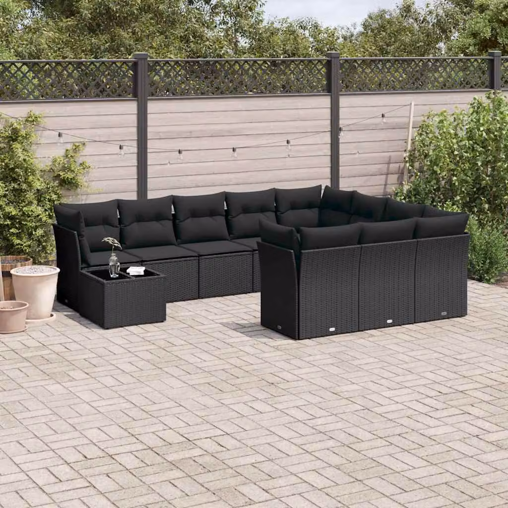 vidaXL Set Divani da Giardino 11 pz in Polyrattan Nero con Cuscini e Tavolino da Esterno – 1