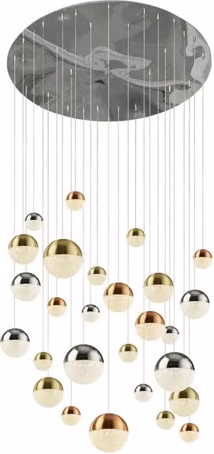 Plafoniera a sospensione Searchlight Contemp Pianeti in acciaio cromo, ottone e policarbonato multicolore con LED da 204W e luce bianca fredda 4000K, regolabile e dimmerabile