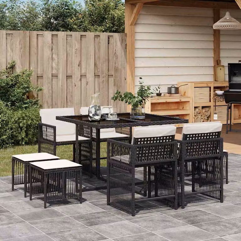 Set da Pranzo da Giardino vidaXL in Polyrattan Nero con Cuscini e Tavolo in Vetro 9 pz