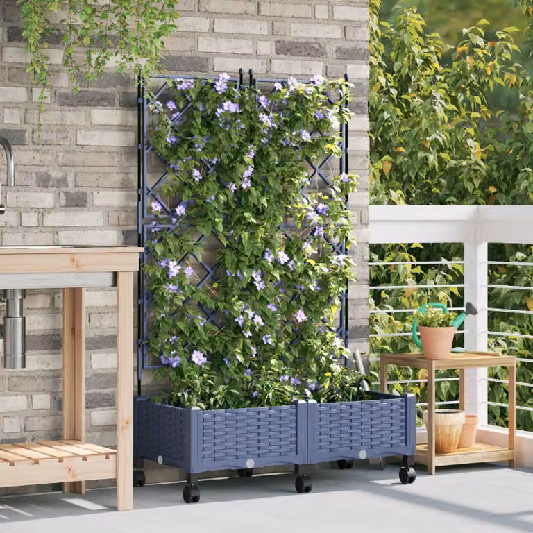 Set di 2 vasi da giardino con grigliato e ruote vidaXL, colore grigio, in plastica