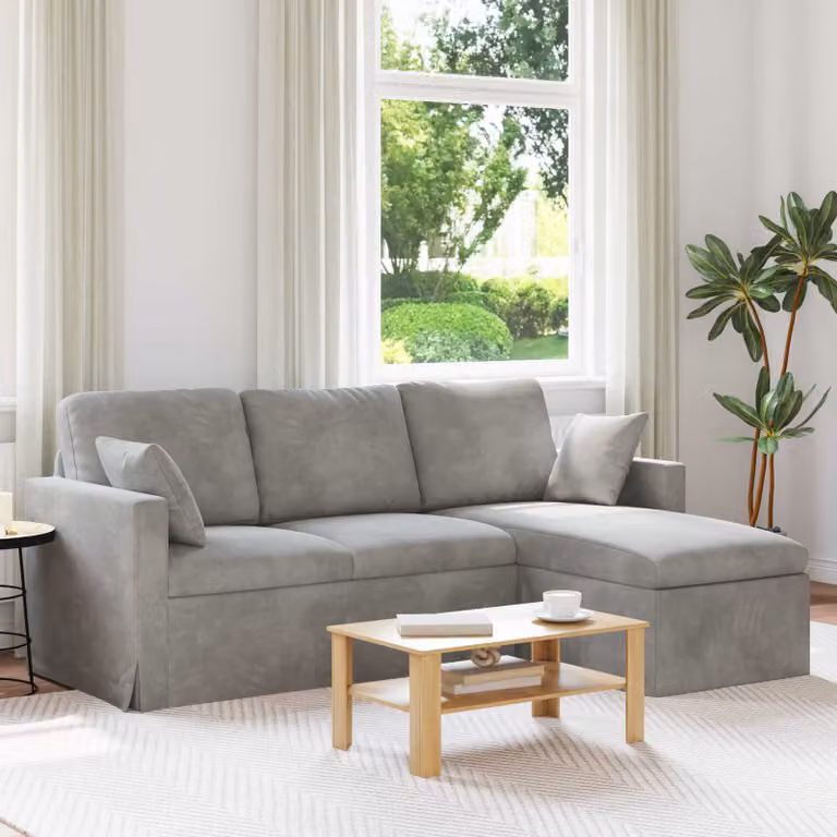 Divano angolare vidaXL in velluto grigio chiaro con struttura in metallo, L/P/H: 198 x 134 x 80 cm