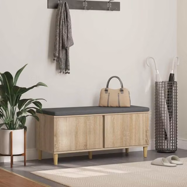 Panca da ingresso con cuscino vidaXL in rovere e tessuto grigio, L: 110 cm, P: 38 cm, H: 46 cm – 1