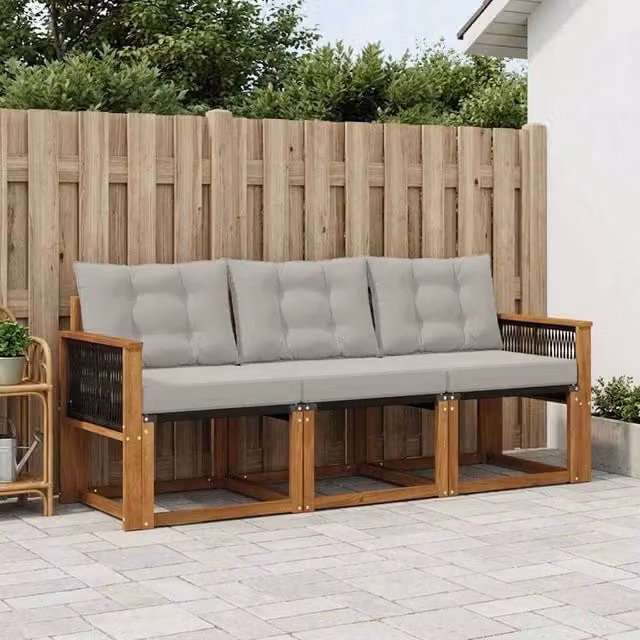 Set di divani da esterno 3 pezzi vidaXL in legno di acacia con tessuto textilene, beige e grigio – 1