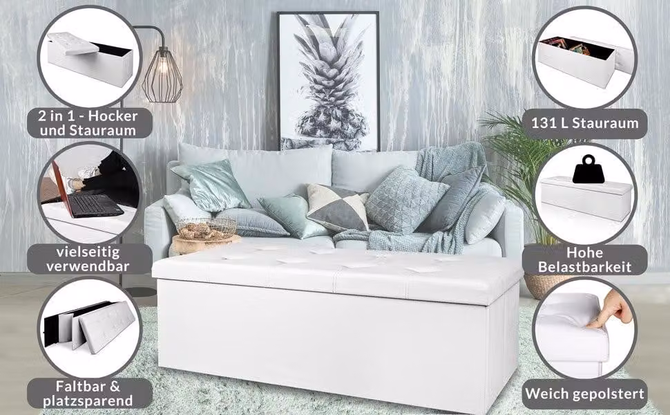 Panca contenitore pieghevole bianca, 115x38x38cm, MDF