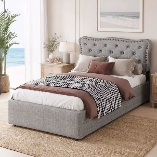 Letto singolo Mivray con cassetti, imbottito in tessuto grigio con testiera regolabile, L/P/H: 90 x 200 x 111,5 cm