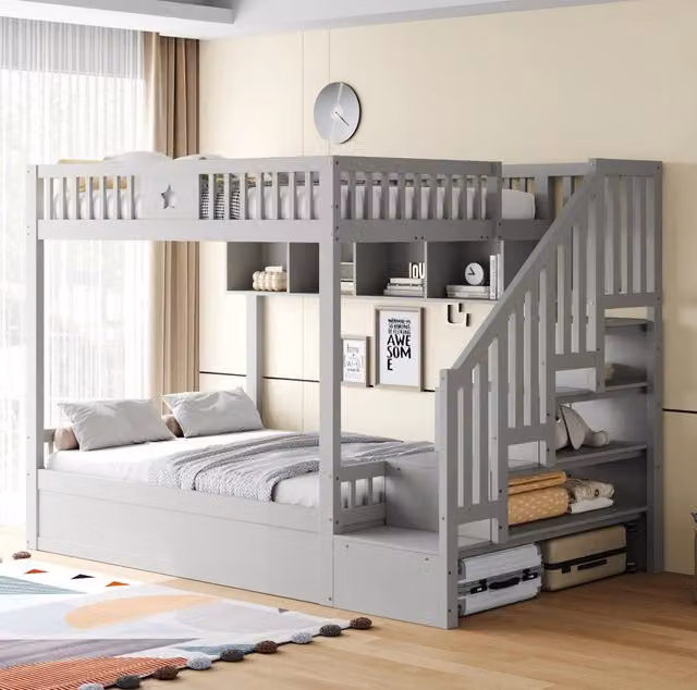 Letto a castello MODFU in legno con base a contenitore idraulica e scaletta con ripiani, grigio, L/P/H: 200 x 140 cm