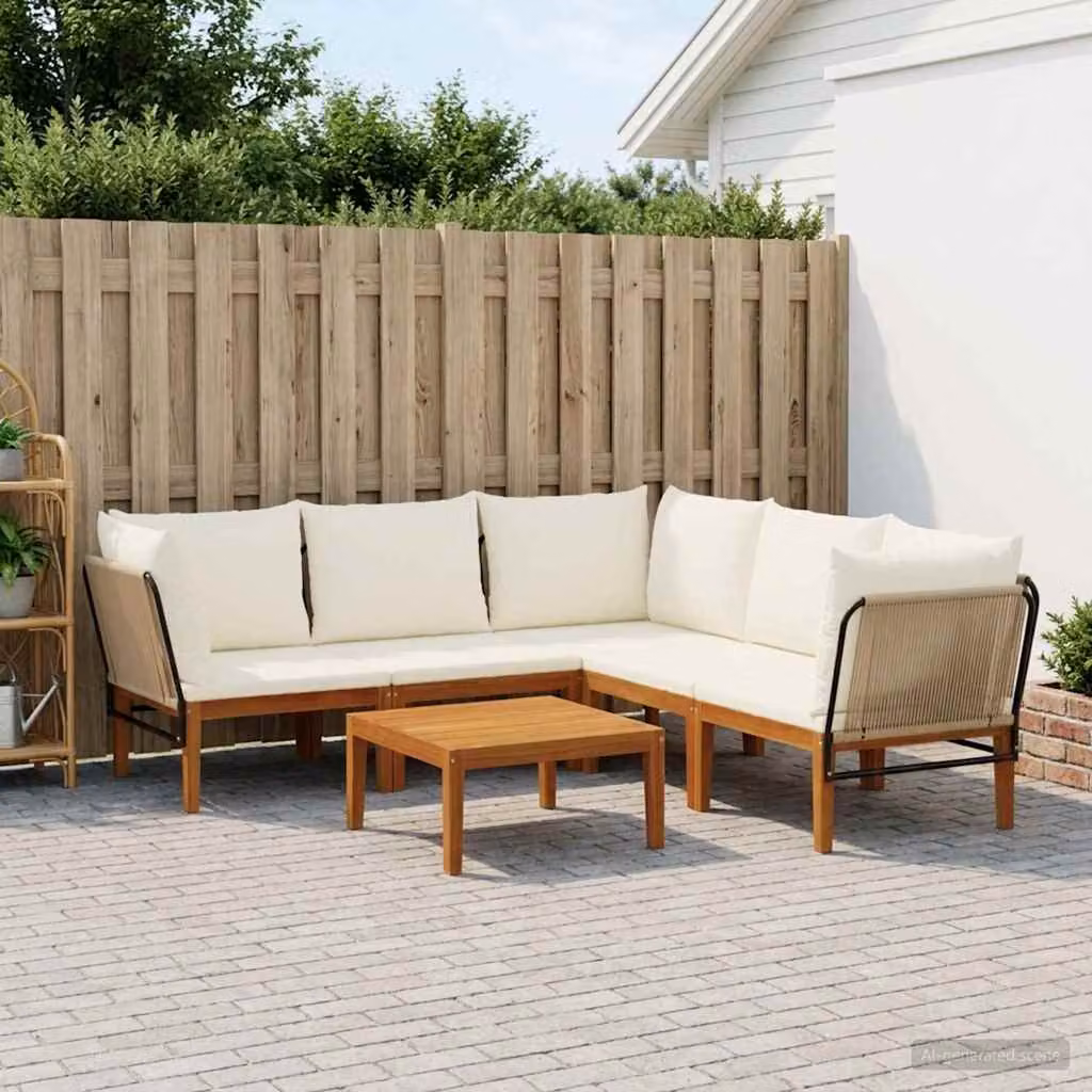 Set da giardino vidaXL in legno di acacia e corda con cuscini, design moderno a L, 6 pezzi, colore naturale