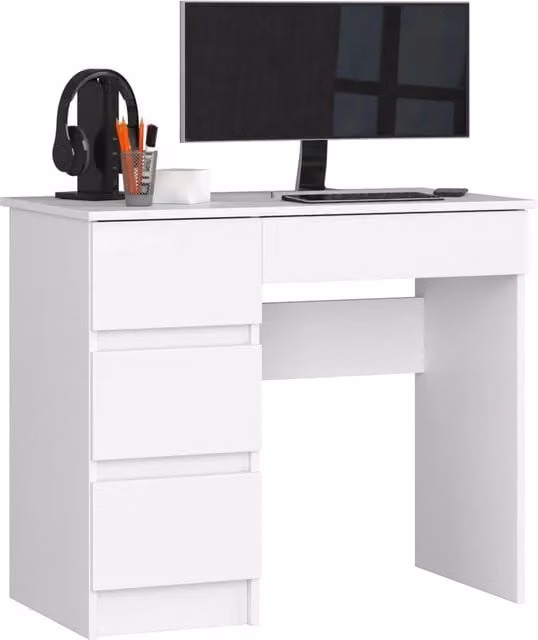 Scrivania per computer AKORD A7 bianca con 4 cassetti, modello a sinistra, L 90 cm x P 50 cm x H 77 cm