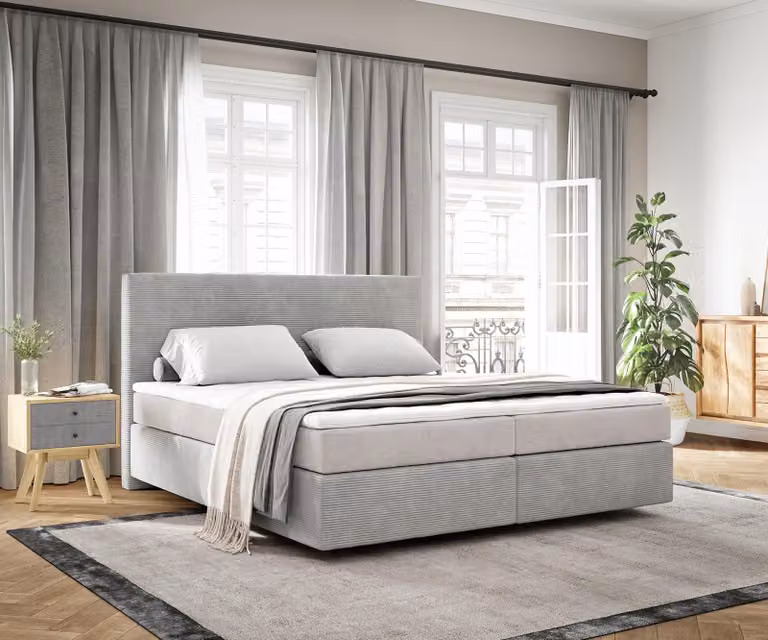 DELIFE Dream-Well letto a molle insacchettate 180x200 cm in velluto a coste grigio argento con materasso a molle insacchettate e topper in visco