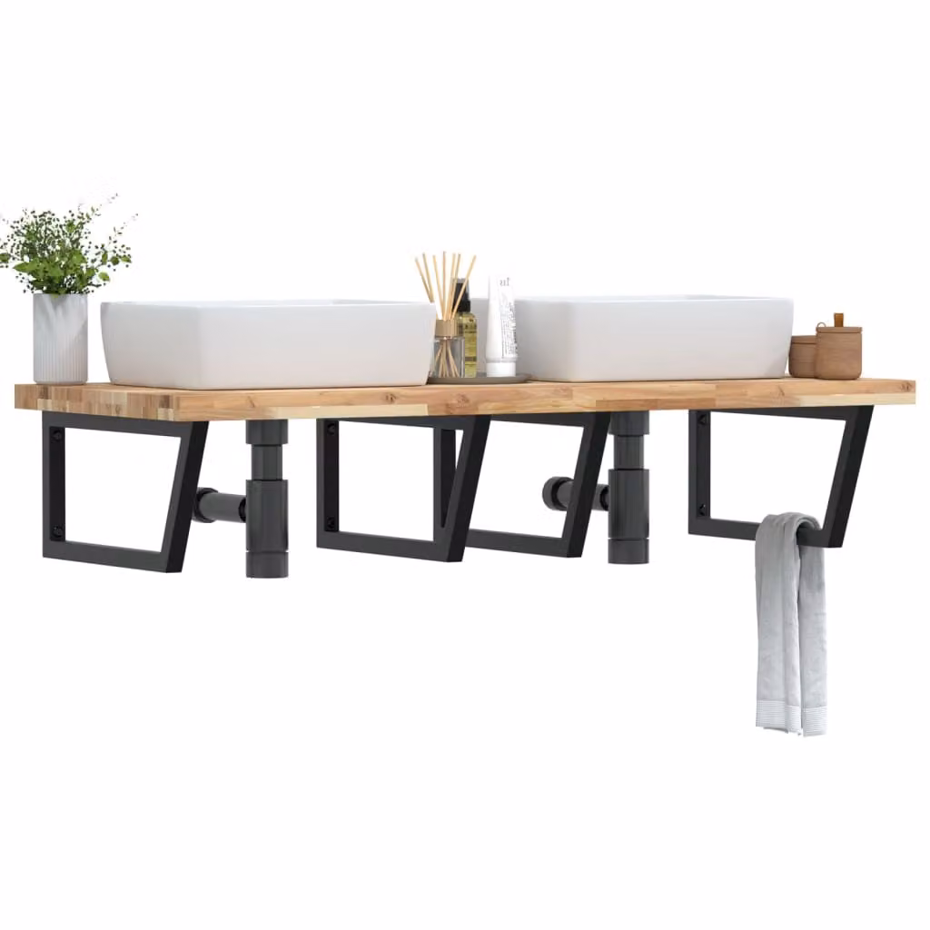 vidaXL Ripiano a Parete per Lavabo in Accacia e Acciaio, Nero e Marrone, L: 60 cm, P: 4 cm, H: 60 cm