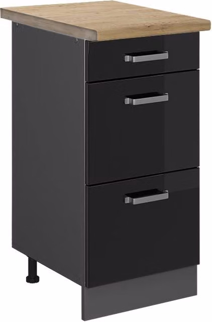 Mobiletto base per cucina R-Line Nero lucido/Antracite 40 cm con cassetti, PL Rovere Vicco