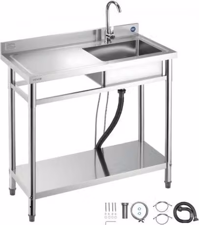 Lavello da cucina VEVOR in acciaio inox color argento con vasca singola, rubinetto e ripiano, ideale per garage, ristorante o lavanderia, con piano di lavoro a sinistra, L/P/H: 100 x 50 x 94 cm