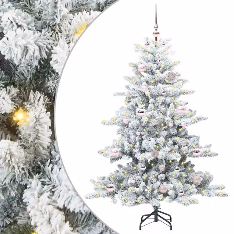 Albero di Natale Artificiale Moderno vidaXL Bianco con Luci LED Warm White e Rami Pieghevoli in PVC e Metallo, Altezza: 150 cm