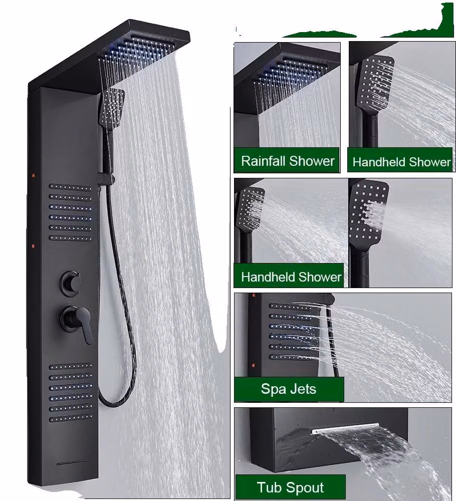 Sistema doccia, illuminazione a LED, getti massaggianti, 6004 Nero opaco