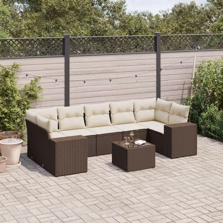 vidaXL Set Divani da Giardino 8 pz a Forma a L con Cuscini Marrone e Bianco in Polyrattan e Tavolino in Vetro