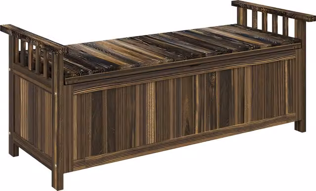 Panca da giardino Outsunny a 2 posti con contenitore e braccioli, colore carbonizzato, L: 128.5 cm, P: 52 cm, H: 53.5 cm