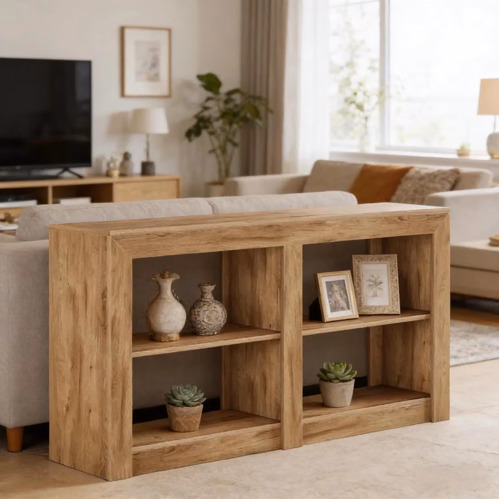 Consolle MIVRAY marrone con 3 livelli e 4 scomparti aperti in MDF, ideale per ingresso, soggiorno o zona TV, L 150 x P 35 x H 85 cm – 2