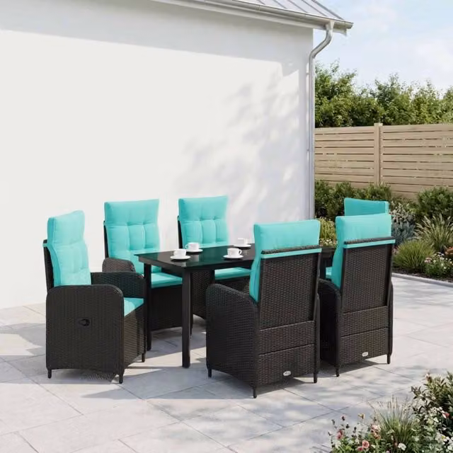Set da pranzo per giardino e terrazza vidaXL in polyrattan da 7 pezzi, nero e turchese