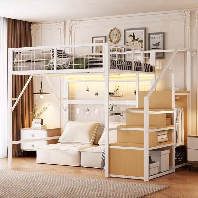 Letto a Soppalco con LED e Scala Contenitore ¨C MINIMAL ¨C Metallo Bianco 140x200