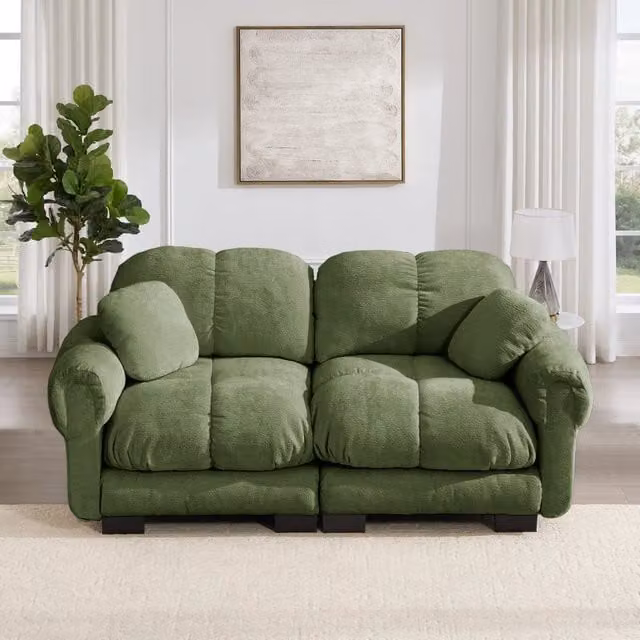 Divano modulare in ciniglia verde 190x86x90 cm con cuscini trapuntati