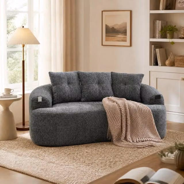 Divano due posti in chenille grigio con schiuma compressa e molle insacchettate, 164x92x60 cm