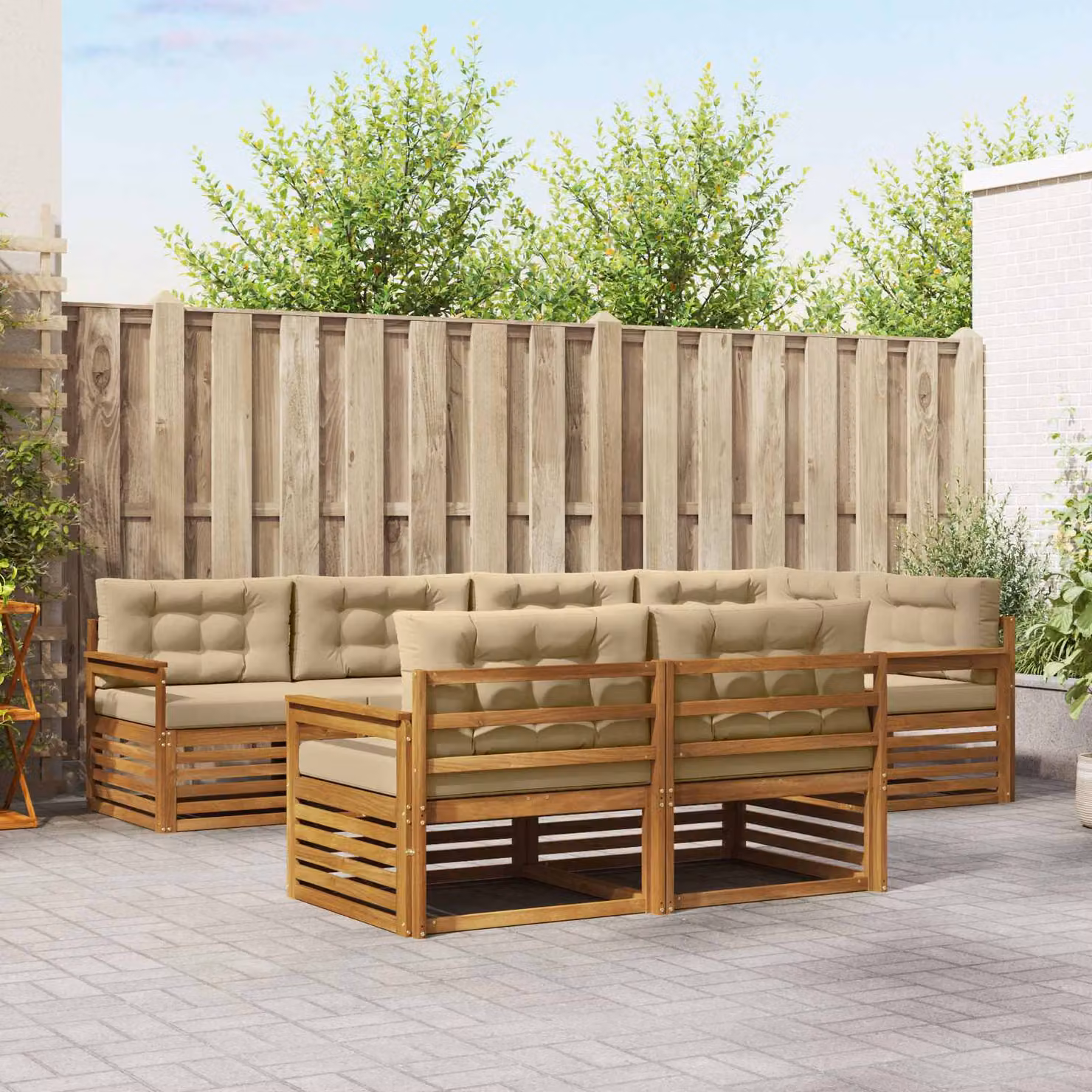 Set di divani da esterno vidaXL 7 pz in legno di acacia con cuscini beige e design moderno a L