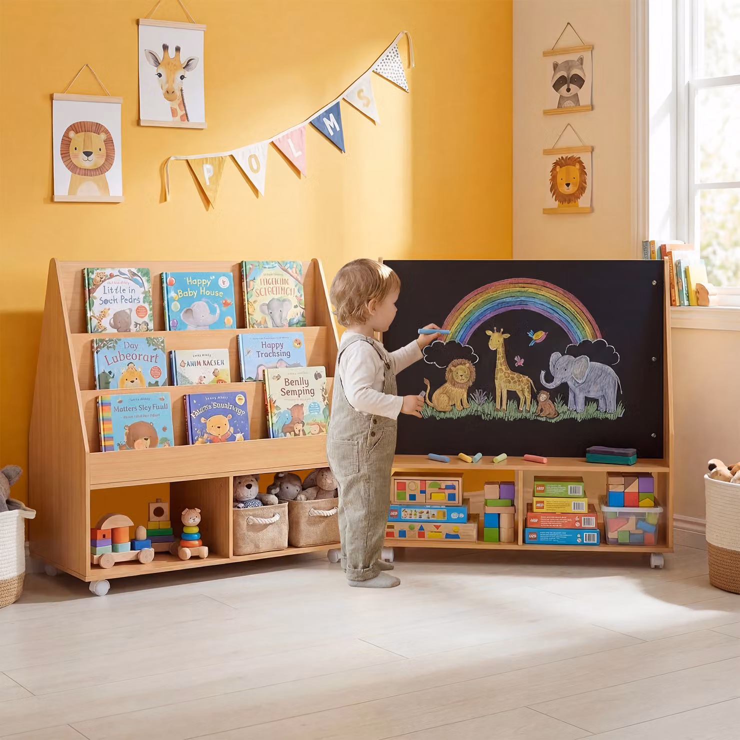 Libreria Montessori Costway con lavagna e ruote per bambini in legno naturale marrone