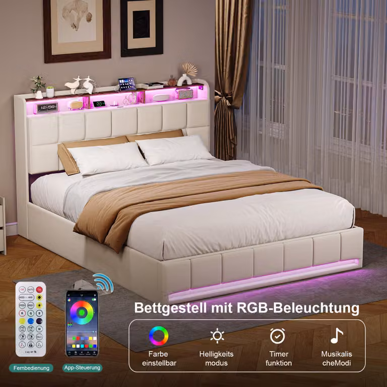 Letto imbottito 140x200 cm con vano contenitore idraulico, illuminazione a LED e ricarica USB/Type-C, lino beige