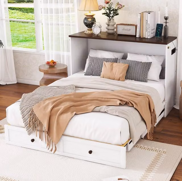 Letto armadio trasformabile 140x200 cm con cassetti; USB e presa; bianco
