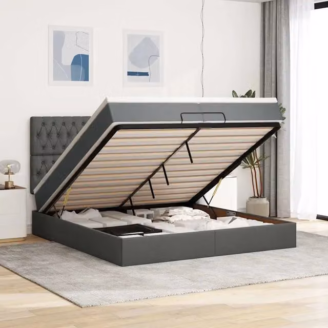 Letto moderno vidaXL con base a sollevamento, illuminazione sottostante e porta USB, Grigio e Bianco, L: 200 cm, P: 200 cm, H: 280 cm