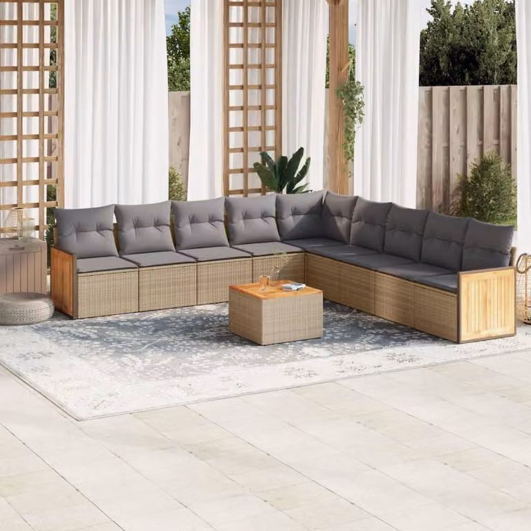 Set Divano da Giardino L-Shape vidaXL 10 pz con Cuscini Beige e Tavolino da Caffè in Polyrattan e Acciaio