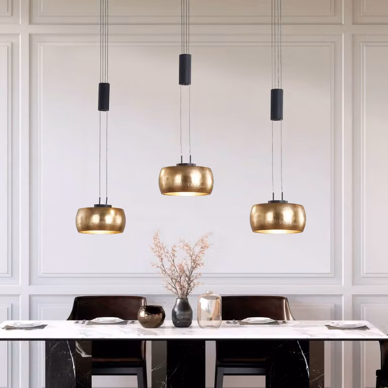 FISCHER & HONSEL Lampada LED a sospensione Colette, 3 luci oro/nero dimmerabile, Ottone / Oro, Soggiorno / Sala da pranzo, Metallo, Moderno