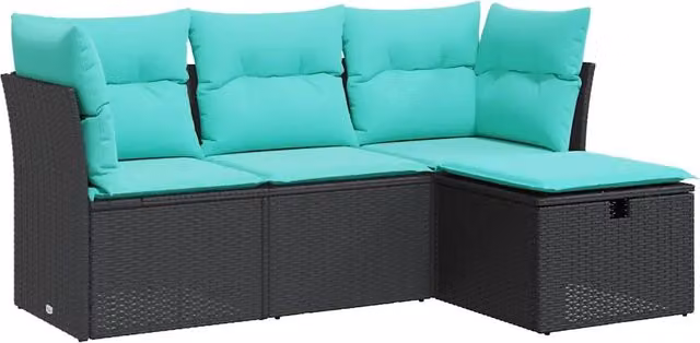 Set Salotto da Giardino a L con 4 Pezzi in Polyrattan e Struttura in Metallo, Cuscini Inclusi, Colore Nero, Blu o Turchese