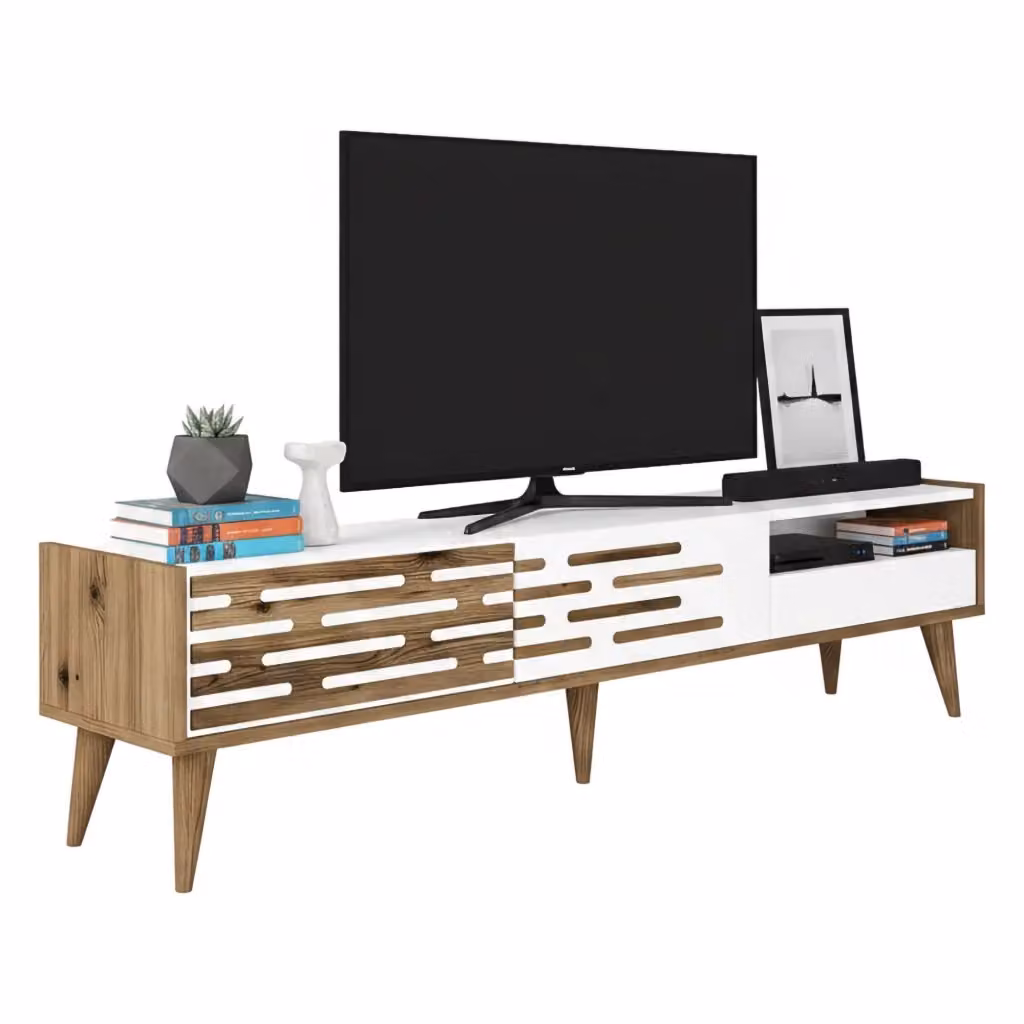 Mobile porta TV DMORA per soggiorno, Credenza moderna in legno e plastica, L: 180 cm, P: 45 cm, H: 35 cm, Bianco – 2