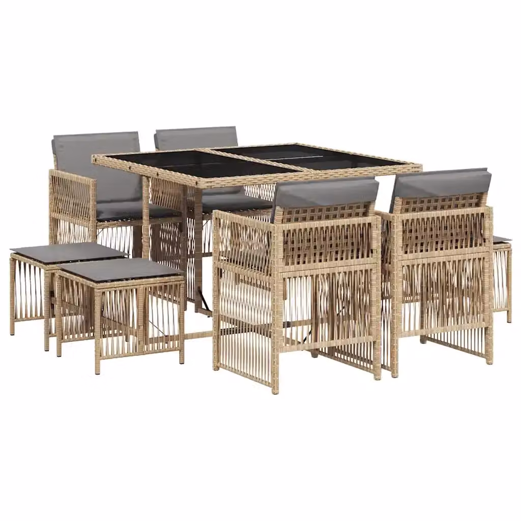 Set Pranzo da Giardino vidaXL in Polyrattan con Cuscini Beige Misto e Tavolo in Vetro, 9 Pezzi – 2