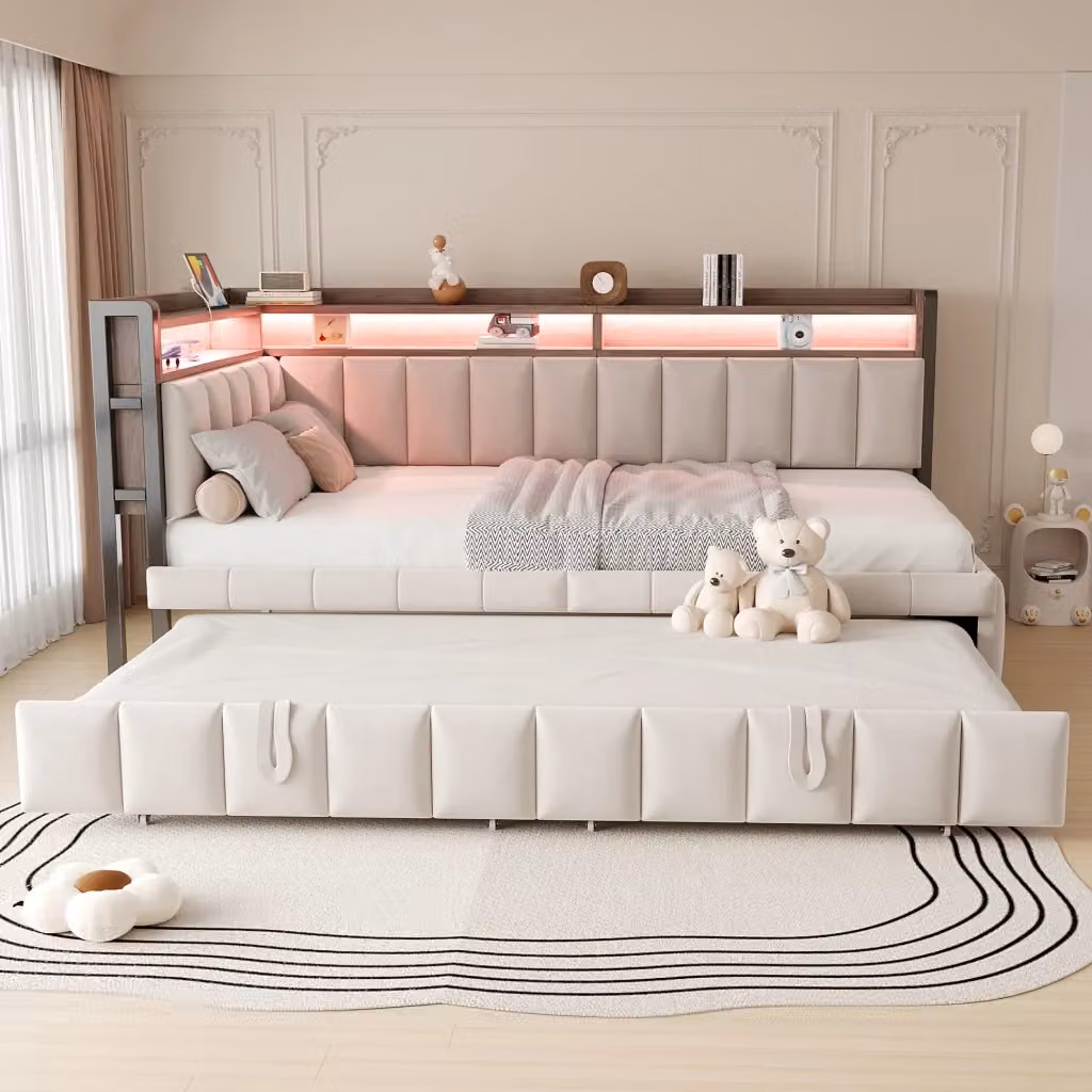 Letto singolo estraibile moderno in tessuto beige con illuminazione LED, ripiani laterali e porte USB e Type-C, L/P/H: 90 x 200 x 101,5 cm – 2